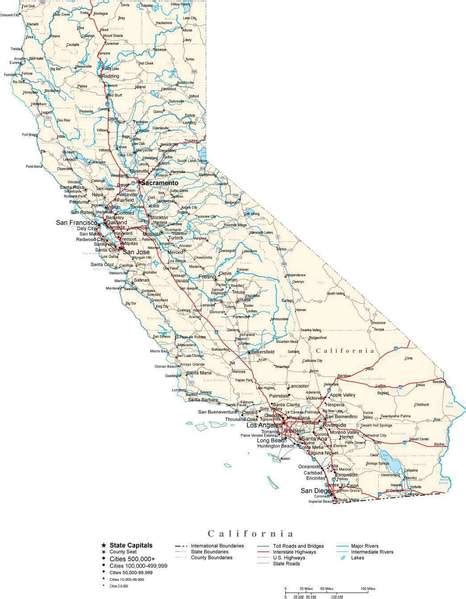 California With Capital Counties Cities Roads Rivers