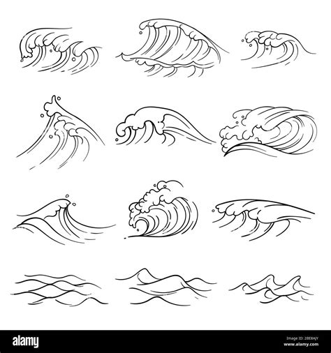 Hand Drawn Ocean Waves Vector Set Sea Storm Wave Isolated Nature Wave