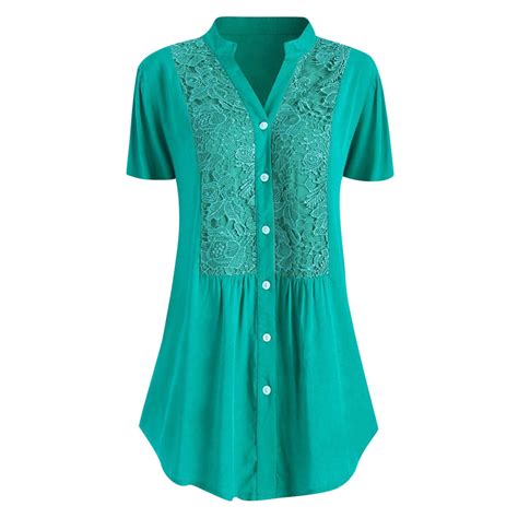 Green Tops For Women Fashion Women Casual Plus Size Lace Solid Short Sleeves V Neck Shirt Blouse