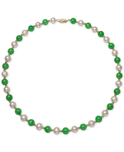 Macys Cultured Freshwater Pearl And Jade Necklace In 14k Gold Macys