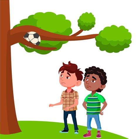 Frustrated Kids Look At The Ball Stuck In The Branches Of Tree Vector
