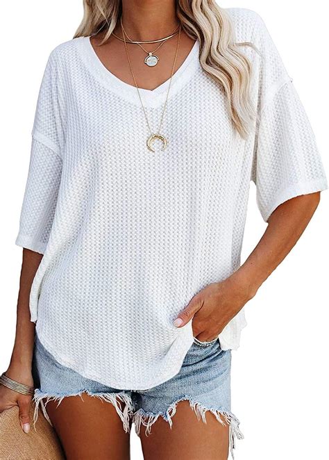 Lilychan Womens V Neck Waffle Knit Short Sleeve Blouses Tops Summer