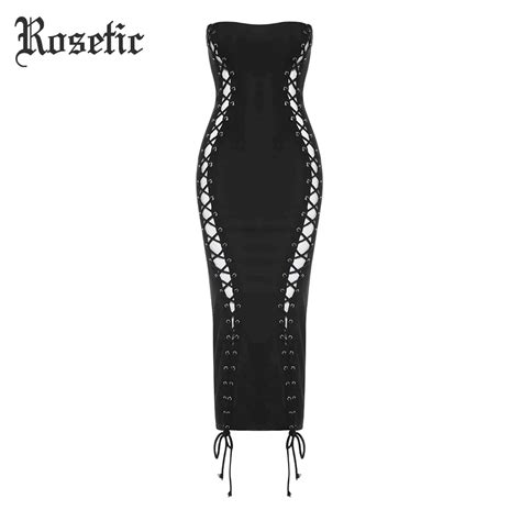 Rosetic Women Gothic Bodycon Dress Summer Midi Dress Party Lace Up Sheath Patchwork Hollow Retro