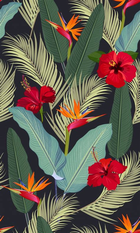 Premium Vector Seamless Pattern Tropical Leaves With Red Hibiscus