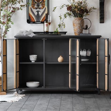 49 Industrial Black Sideboard Buffet Metal Frame With 2 Wood And Glass Doors And 1 Inner Shelf