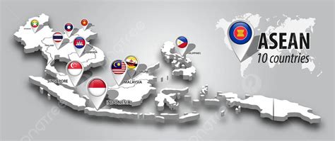 Asean Membership Flag On 3d Southeast Asia Map Vector Singapore