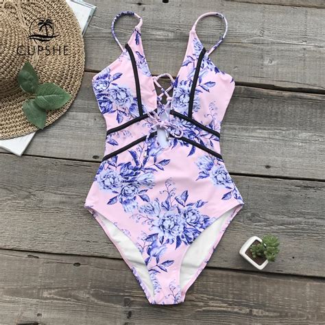 Cupshe Pink Flower Print Piping One Piece Swimsuit Women Deep V Neck