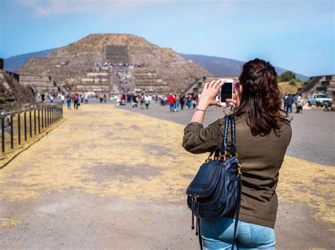Tourist Taking Photo At Teotihuacan Pyramids Near Mexico City Mexico