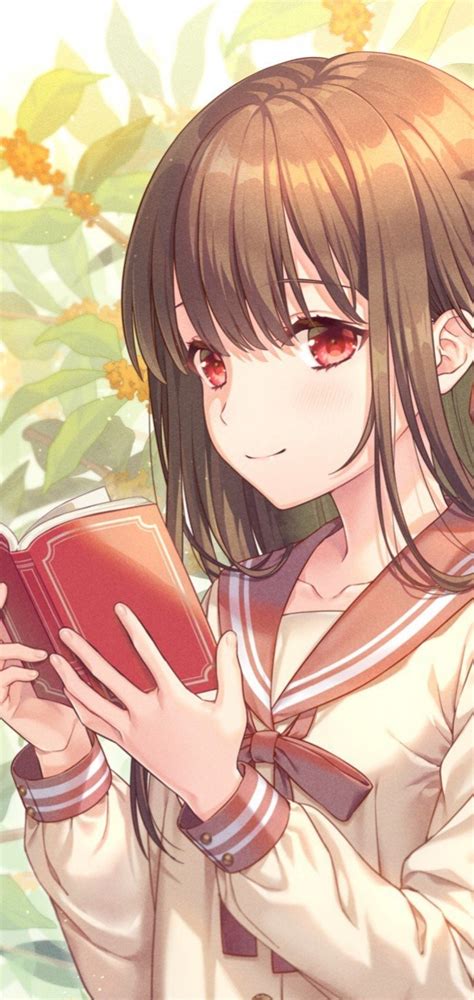 Download 1080x2280 Anime School Girl Reading A Book Brown Hair