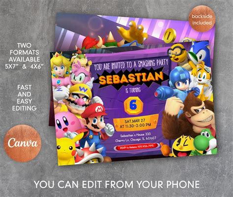 Printable Smash Bros Invitation Fighting Birthday Invite Editable