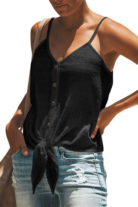 Black Buttoned Front Knot Slip Tank Top Cheap Tank Tops Tank Tops Tops