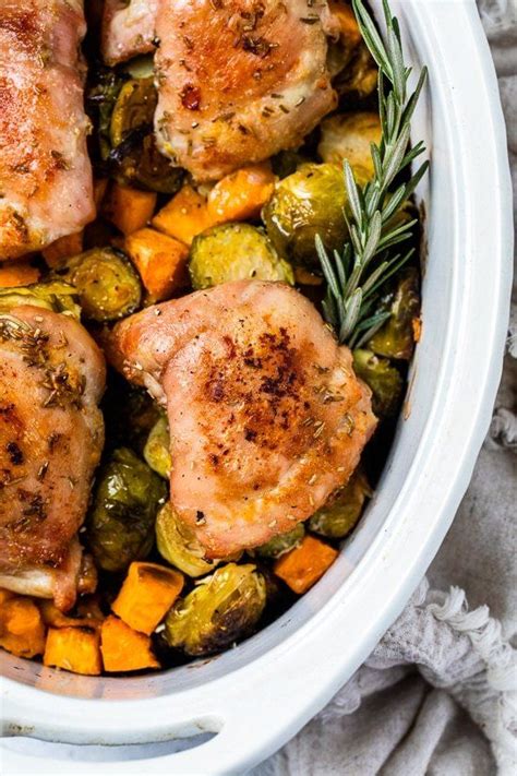 One Pot Baked Chicken Thighs With Brussels And Sweet Potato Recipe
