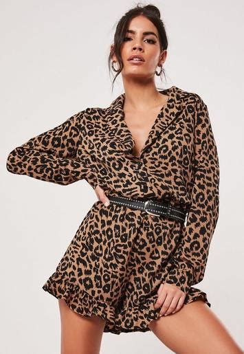 Tall Brown Animal Print Frill Playsuit Missguided