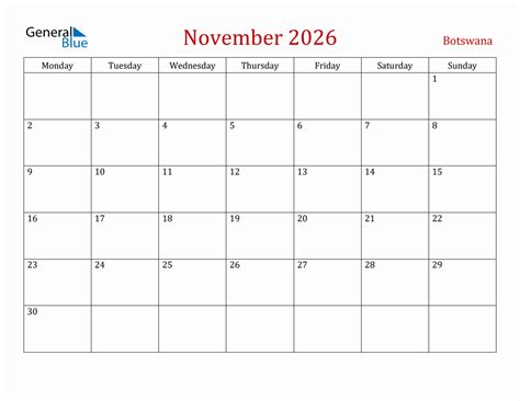 November 2026 Botswana Monthly Calendar With Holidays