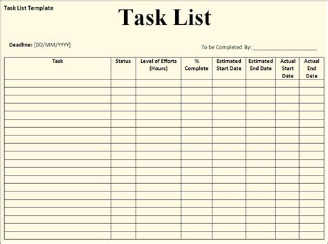 Employee Task List Template Excel