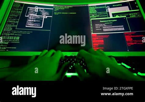 Large Screen Of Code For Hacker Hands Typing Malicious Code A Black