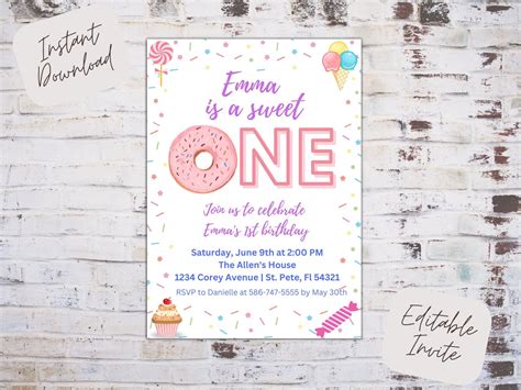 Editable Donut Invitation Donut Birthday Invite Sweet One Etsy