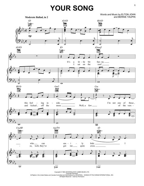 Elton John Your Song Sheet Music Notes Chords Download Printable Easy Piano Pdf Score Sku