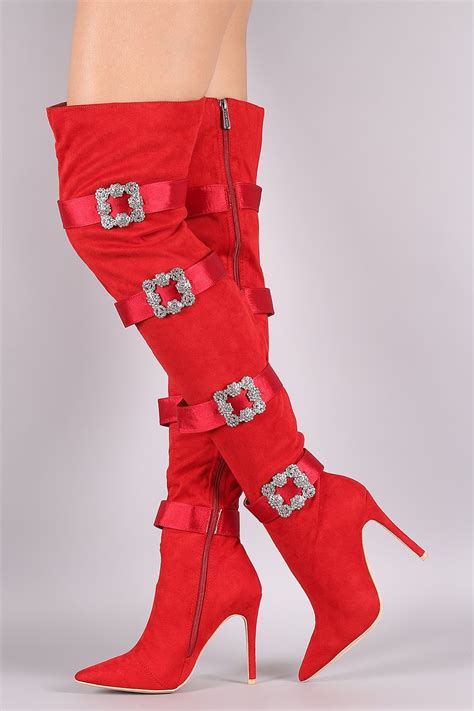 Faux Crystal Buckle Embellished Suede Pointy Toe Over The Knee Stiletto Boots Boots Stiletto