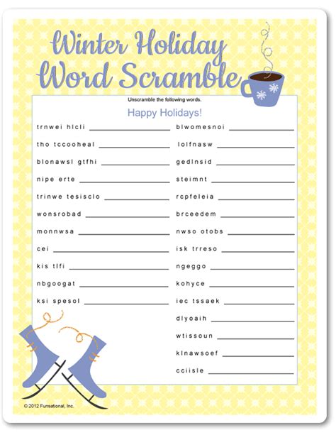 Printable Winter Holiday Word Scramble