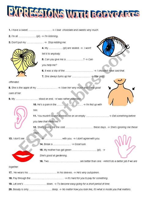 You can learn it by the help of activities such as games, pictures, pronunciations, flashcards, tests, quizzes, puzzles, exercises, examples and reading passages. Idioms with parts of the body - ESL worksheet by vikoca79 (f)