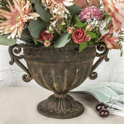Metal Vintage Rustic French Urn Planter Flower Pot High Bowl Shape For