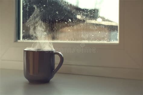 Cup Of Hot Drink Near Window On Rainy Day Stock Image Image Of City