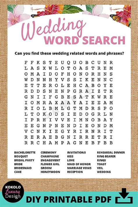 Printable Wedding Word Search Bridal Shower Game These