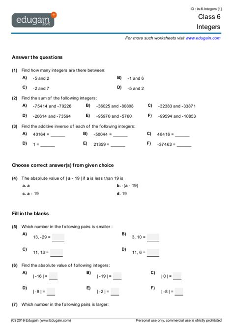 November 10, 2020november 9, 2020 by worksheetsbuddy_do87uk. Year 6 Math Worksheets and Problems: Integers | Edugain ...