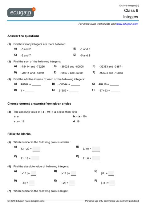 On this webpage you also have access to many free math tests and quizzes. Year 6 Math Worksheets and Problems: Integers | Edugain Australia