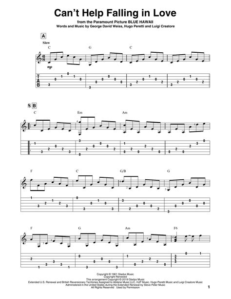 Cant Help Falling In Love Sheet Music Elvis Presley Solo Guitar