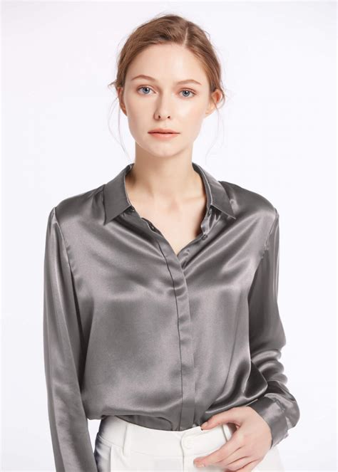Basic Concealed Placket Women Silk Shirt Silk Blouse Silk Shirt Womens Long Sleeve Shirts