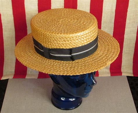 Vintage 1930s Stetson Straw Boater Skimmer Hat Blue Striped Etsy