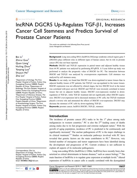 pdf lncrna dgcr5 up regulates tgf β1 increases cancer cell stemness and predicts survival of