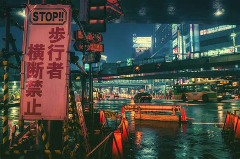 Wallpaper Jepang Kota Cityscape Malam Refleksi Cahaya Warna