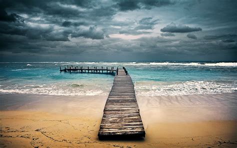 Nature Landscape Beach Sand Sea Dock Waves Clouds Honduras