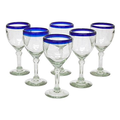 Novica Artisan Crafted Recycled Glass Clear Blue Rim Hand Blown Wine Goblets Glasses 10 Oz