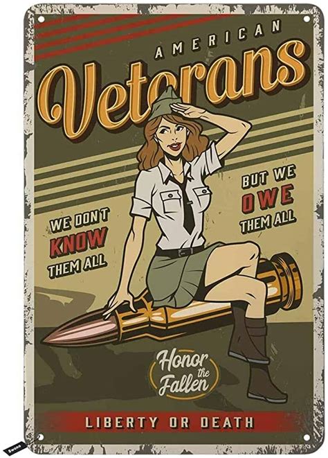 Military Veterans Pin Up Girl Sitting On Bullet Rustic Retro Tin Sign