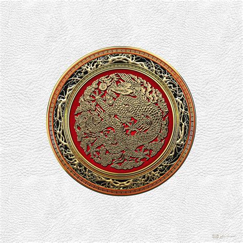 Golden Chinese Dragon White Leather Digital Art By Serge