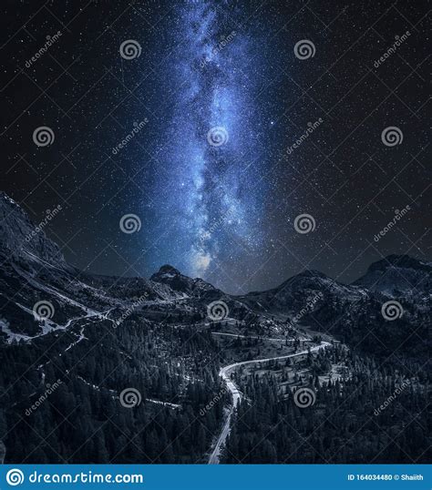 Milky Way Over Passo Falazarego At Night In Dolomites Stock Photo