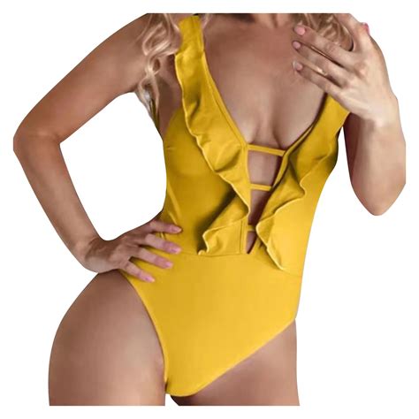 Zrbywb 2023 New Women One Piece Swimsuit Womens Solid Color Hollow Lace Up Ruffled High Waisted