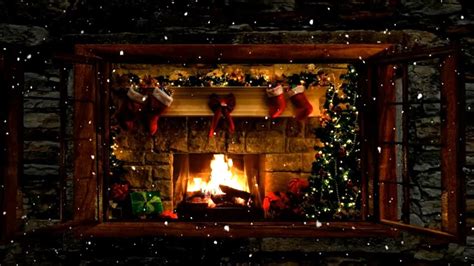 Christmas Fireplace Window Scene With Snow And Crackling Fire Sounds