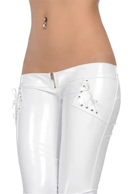 sexy low rise white pants hipster jeans lace up women lady glossy zip up pu leather fashion