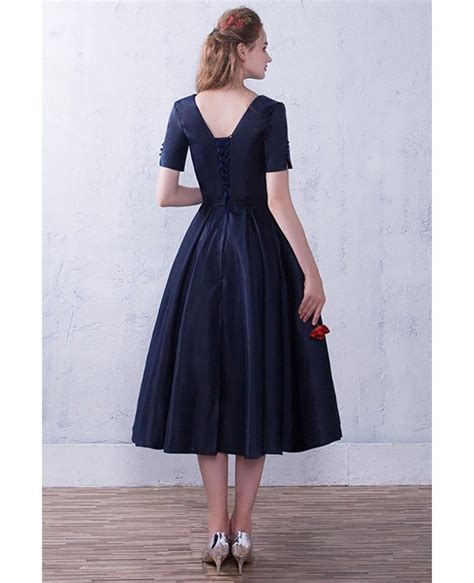 Modest Navy Blue Vneck Tea Length Semi Party Dress With Short Sleeves G79059
