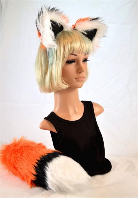 Adjustable Orange Fox Ears Headband And Tail Set Wolf Ears And Tail