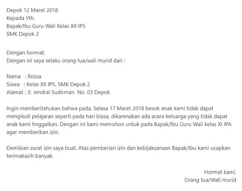 Surat izin tidak masuk sekolah malang, 18 november 2017 yth. Contoh Buat Surat Izin Sekolah - Extra