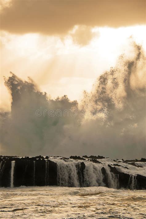 Wave Spray Above Lava Rock Wall Stock Photo Image Of Oceanside