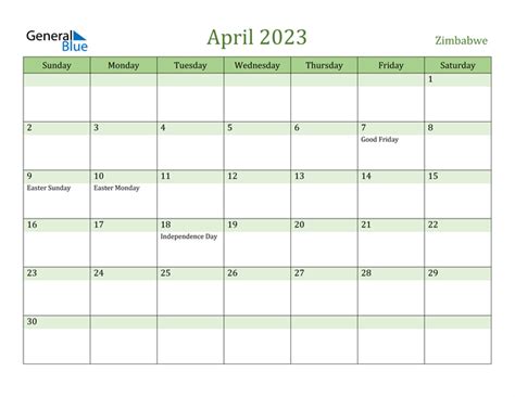April 2023 Calendar With Zimbabwe Holidays