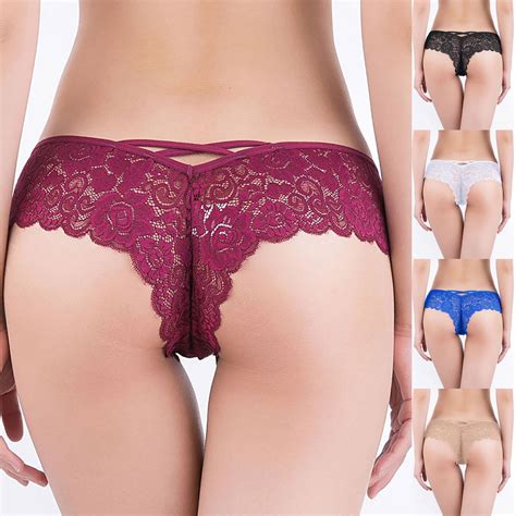 Lady Lace Lingerie Womens Sexy Panties Solid Color Lace Bow Cross Strap Low Waist Briefs