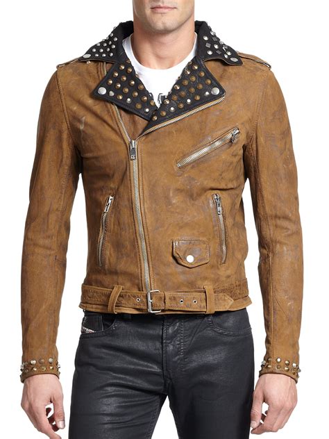 Diesel Printed Back Studded Leather Biker Jacket In Brown For Men Lyst